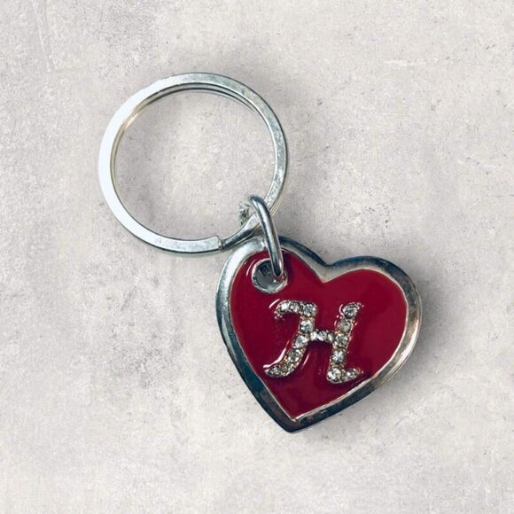 H Heart Keychain Keyring Red Enamel Rhinestones Silvertone - Picture 1 of 2